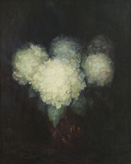 Russell van Schaik A.M.  | Hydrangeas in a vase, oil on canvas 99.6 x 80.2 cm, signed l.r.