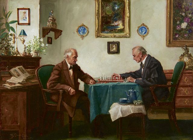 Curt Bruckner | Playing chess, oil on painter's board, 30.0 x 40.0 cm, signed l.l. and dated '54