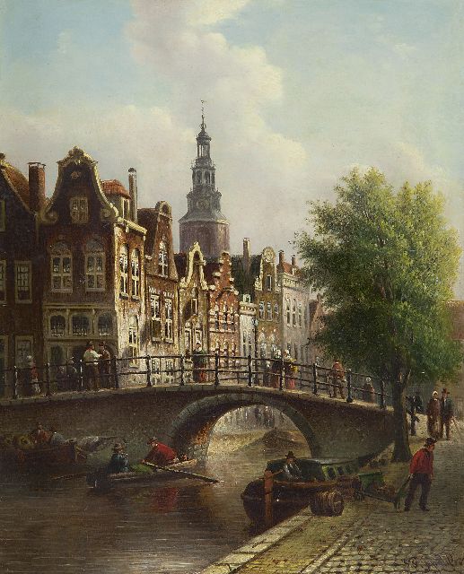 Spohler J.F.  | A Dutch town view with the Montelbaanstoren, oil on panel 30.0 x 24.2 cm, signed l.r.