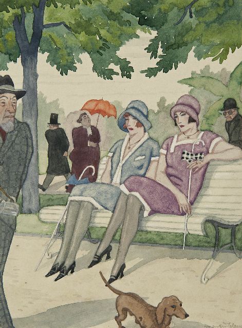 Martin Claus | Elegant ladies on a bench in a park, watercolour on paper, 23.1 x 16.9 cm, signed l.r. and painted ca. 1927