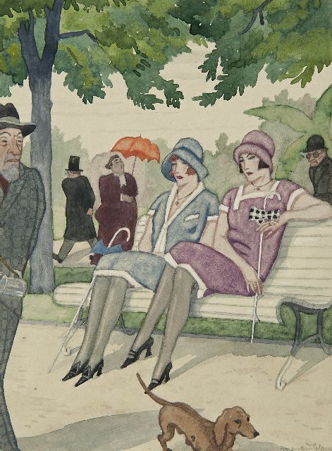 Claus M.  | Elegant ladies on a bench in a park, watercolour on paper 23.1 x 16.9 cm, signed l.r. and painted ca. 1927