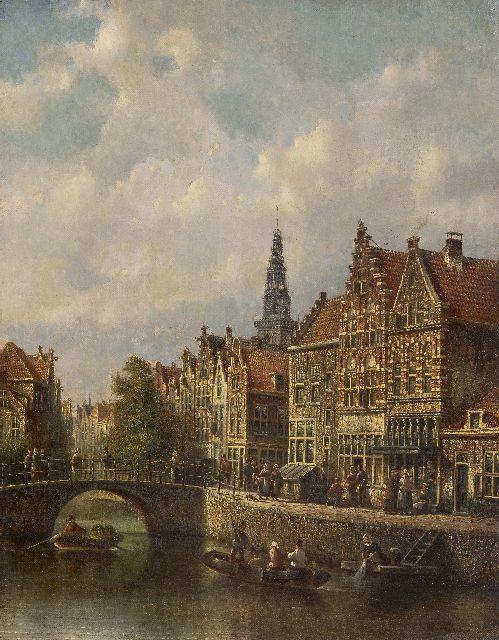 Spohler J.F.  | A town view with the Oude Kerk of Amsterdam, oil on canvas 44.0 x 34.9 cm, signed l.r.