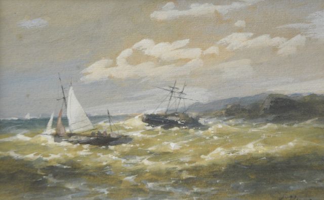 Abraham Hulk | Ships in a storm near a rocky coast, watercolour and gouache on cardboard, 9.5 x 15.0 cm, signed l.r.