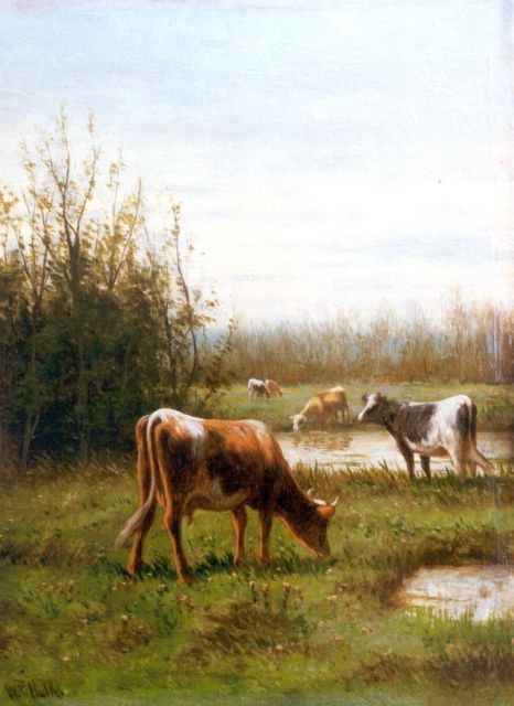 Willem Frederik Hulk | Cows in a meadow, oil on panel, 20.2 x 15.2 cm, signed l.l.