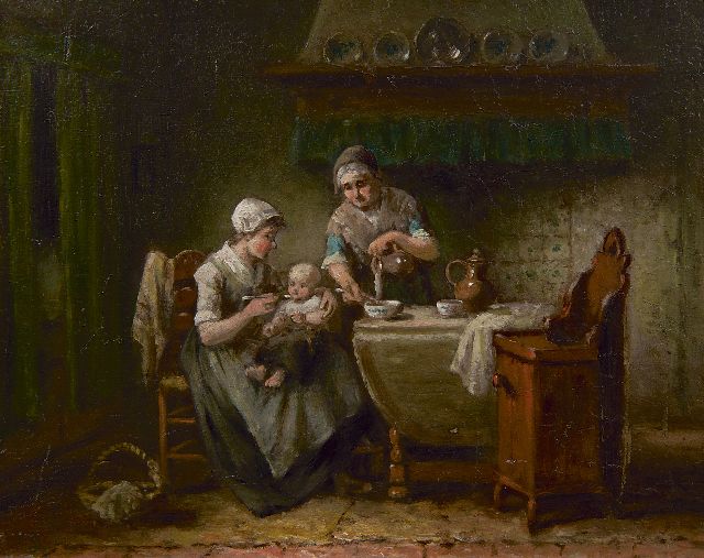 Damschreuder J.J.M.  | A farmers family, oil on panel 12.2 x 27.4 cm