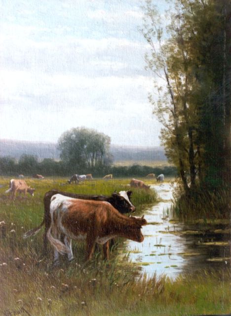 Willem Frederik Hulk | Cows on the riverbank, oil on panel, 20.2 x 14.8 cm, signed l.l.