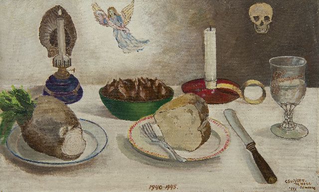 Swijser-'t Hart C.C.M.  | Dinner table 1940-1945, oil on canvas laid down on panel 34.7 x 55.9 cm, signed l.r. and dated 'Den Haag' 1955