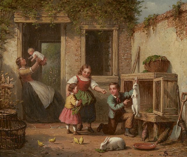 Andries Scheerboom | Playing with the rabbit, oil on canvas, 25.8 x 30.8 cm, signed l.r. with monogram and dated 1866