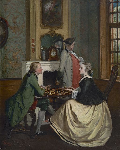 Claes J.F.F.  | Playing chess, oil on panel 43.6 x 35.1 cm, signed l.l. and dated '56