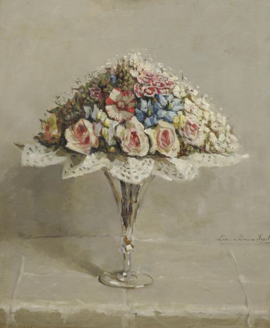 Dam van Isselt L. van | A glass with Biedermeier bouquet, oil on panel 55.5 x 46.7 cm, signed c.r.