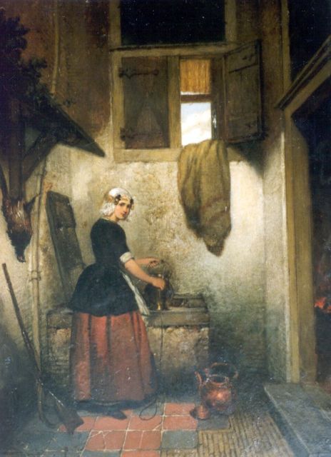 Huib van Hove | Girl by a pump, oil on panel, 31.6 x 23.7 cm