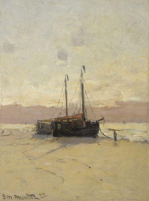 Morgenstjerne Munthe | Beach view with fishing boats, oil on painter's board, 25.3 x 19.2 cm, signed l.l. and dated '23