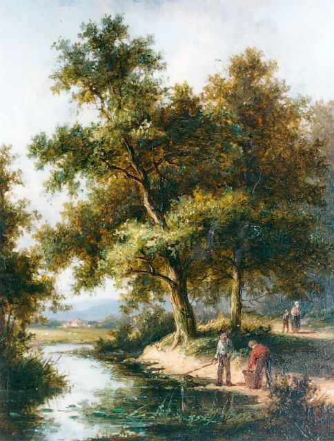 Morel II J.E.  | Anglers in a forest landscape, oil on panel 18.1 x 13.8 cm, signed on the reverse and dated 1874