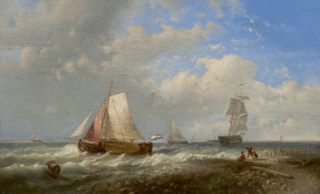 Abraham Hulk | Dutch ships sailing along the coast, oil on canvas, 35.4 x 55.6 cm