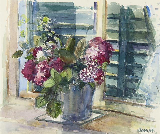 Jeanne Bieruma Oosting | Purple flowers in front of a window, watercolour on paper, 51.3 x 62.5 cm, signed l.r.