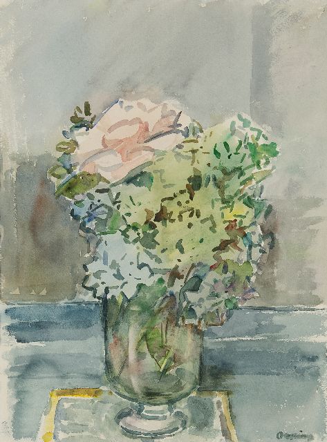 Jeanne Bieruma Oosting | Hydrangeas and a climbing rose in a vase, watercolour on paper, 49.3 x 36.0 cm, signed l.r.
