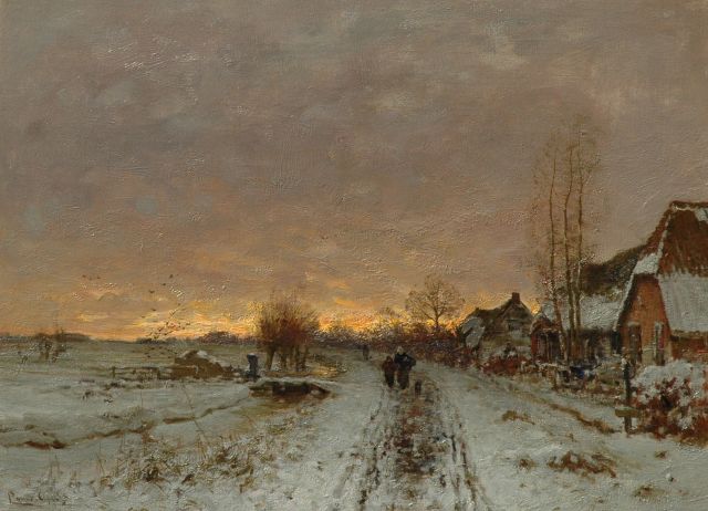 Louis Apol | Snowy village path at sunset, oil on canvas, 49.2 x 66.8 cm, signed l.l.