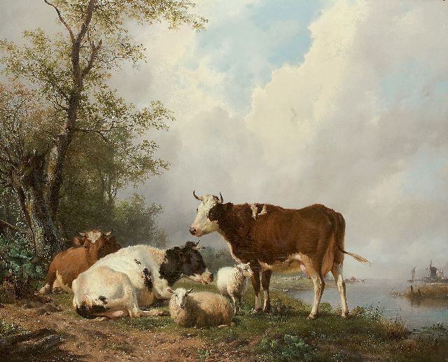 Sande Bakhuyzen H. van de | Cows in a river landscape, oil on panel 79.9 x 102.4 cm, signed l.l. and painted 1840