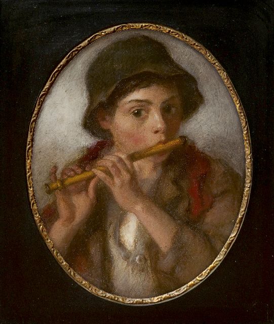 Broedelet A.V.L.  | A young shepherd with flute, oil on eternite 23.0 x 18.0 cm, signed l.r. with monogram