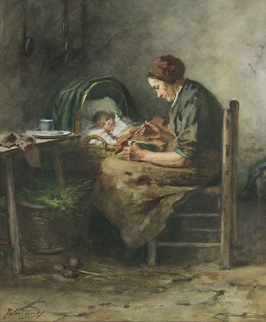 Johannes Weiland | Feeding the baby, watercolour on paper, 48.0 x 40.3 cm, signed l.l.