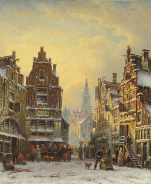 Johannes Franciscus Spohler | A snowy town view with the Amsterdam Zuiderkerk tower, oil on panel, 26.2 x 21.5 cm, signed l.l.