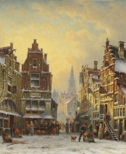 Spohler J.F.  | A snowy town view with the Amsterdam Zuiderkerk tower, oil on panel 26.2 x 21.5 cm, signed l.l.