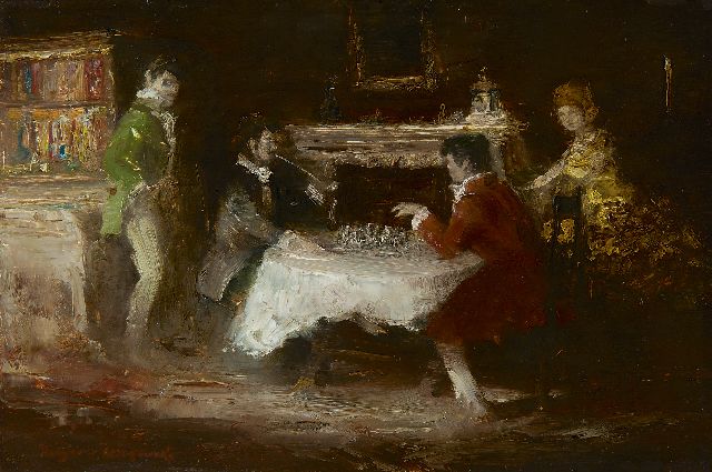 Meyer-Wiegand R.D.  | The chess game, oil on panel 20.2 x 30.2 cm, signed l.l.