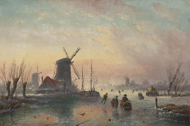 Jacob Jan Coenraad Spohler | Winterlandscape with skaters, oil on canvas, 17.5 x 26.4 cm, signed l.l.