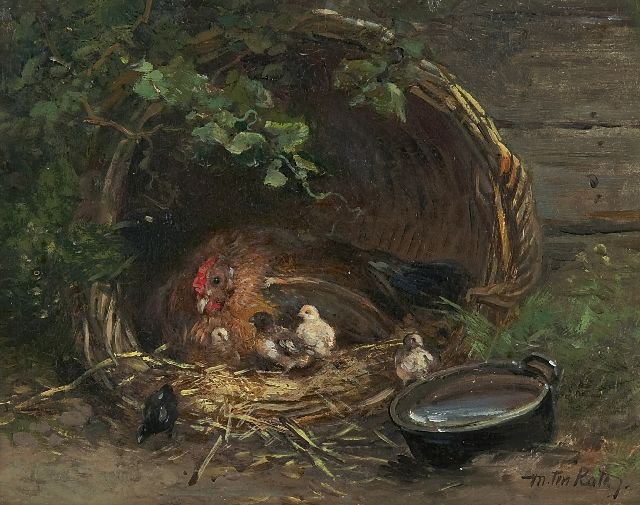 Kate J.M.H. ten | A hen and chicks in the farmyard, oil on panel 15.5 x 19.7 cm, signed l.r.