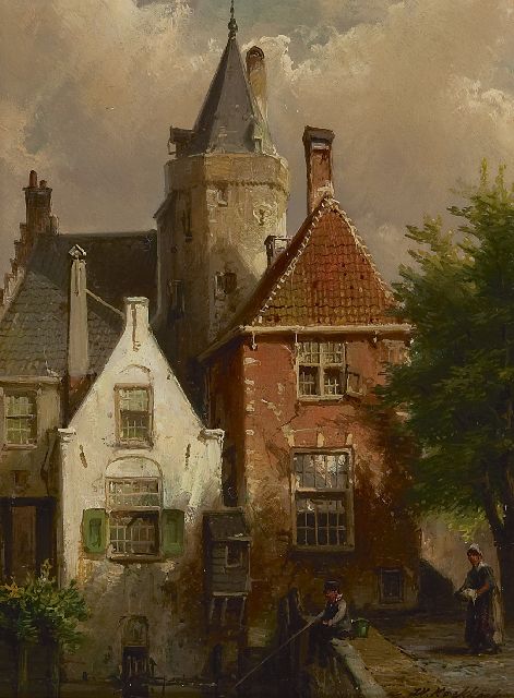 Koekkoek W.  | Angler by the Kamperbinnenpoort, Amersfoort, oil on panel 21.0 x 15.5 cm, signed l.r.