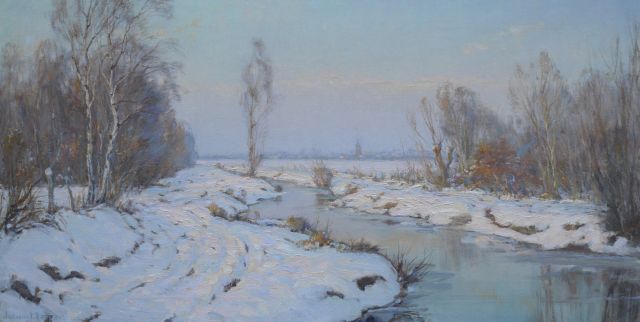 Johan Meijer | Evening twilight: Gooiersgracht, Eemnes, oil on canvas, 44.3 x 84.2 cm, signed on the reverse