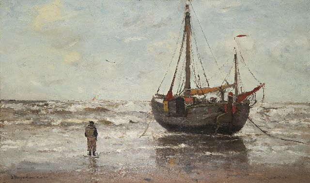 Morgenstjerne Munthe | Fishing barge at anchor in the surf, oil on canvas, 64.9 x 108.4 cm, signed l.l.