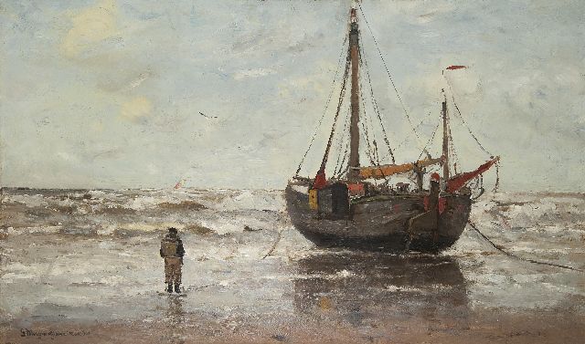 Munthe G.A.L.  | Fishing barge at anchor in the surf, oil on canvas 64.9 x 108.4 cm, signed l.l.