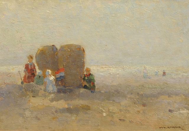 Knikker A.  | On the beach, oil on panel 19.6 x 28.1 cm, signed l.r.