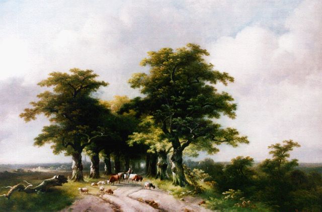 Eijcken sr. Ch. van der | Figures and cattle on a country road, oil on panel 35.3 x 50.3 cm, signed l.l.