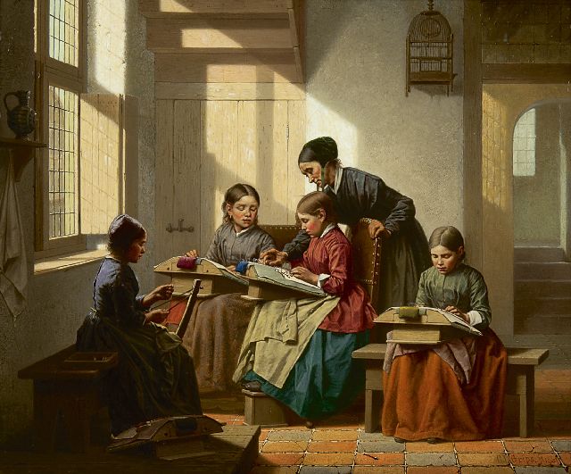 Grips C.J.  | Learning to make lace, oil on panel 28.6 x 35.1 cm, signed l.r. and dated 1861