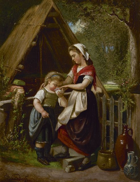 Varenbergh J.  | Girls at a milk farm, oil on panel 30.9 x 23.6 cm, signed l.l.