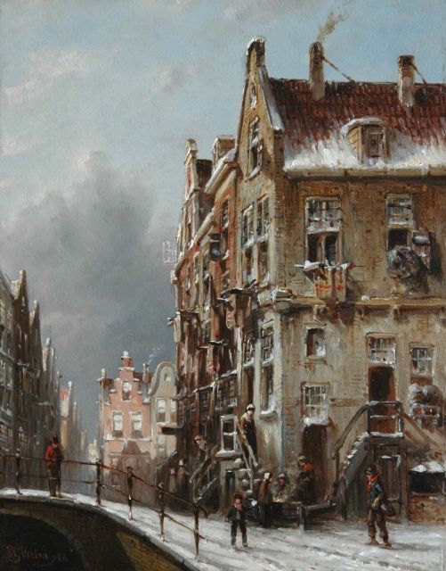 Petrus Gerardus Vertin | A winter street scene, oil on panel, 25.4 x 19.6 cm, signed l.l. and dated '48