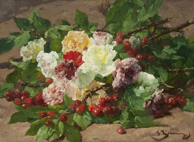 Jeannin G.  | Cherry branches and roses on the forest floor, oil on canvas 41.8 x 56.7 cm, signed l.r.
