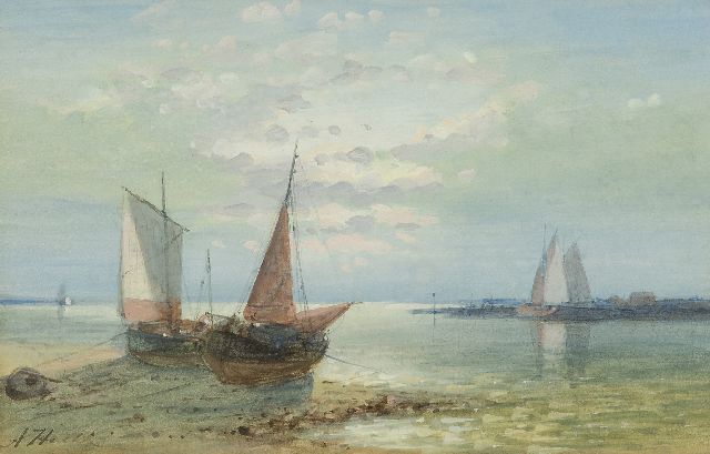 Abraham Hulk | Ship on the beach at low tide, watercolour on paper, 12.6 x 19.9 cm, signed l.r.
