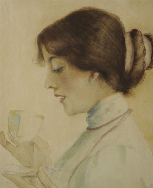Han van Meegeren | A woman drinking tea, pastel and watercolour on paper, 35.2 x 29.9 cm