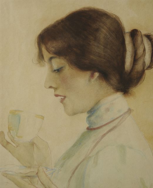 Meegeren H.A. van | A woman drinking tea, pastel and watercolour on paper 35.2 x 29.9 cm