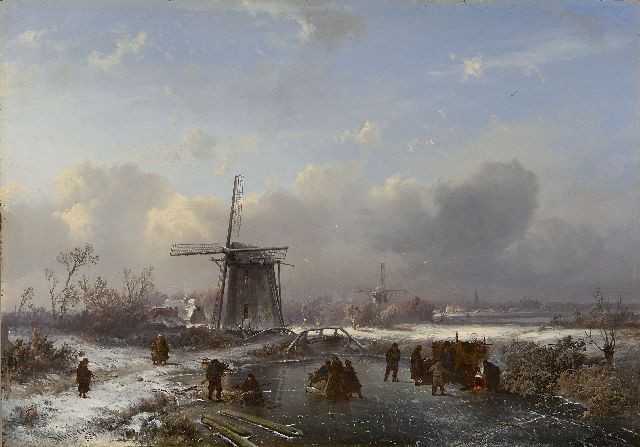 Pieter Kluyver | A winterlandscape with skaters, oil on panel, 32.4 x 46.0 cm, signed l.l.' Kluyver' and 'S.L.V. fig.' and painted ca. 1850-1855