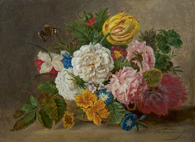 Sebastiaan Theodorus Voorn Boers | A flower still life in a basket, oil on panel, 29.1 x 39.1 cm, signed l.r.