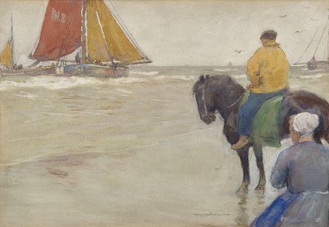 Willy Sluiter | Return of the 'Katwijk 8', watercolour on paper, 29.9 x 42.9 cm, signed l.r.
