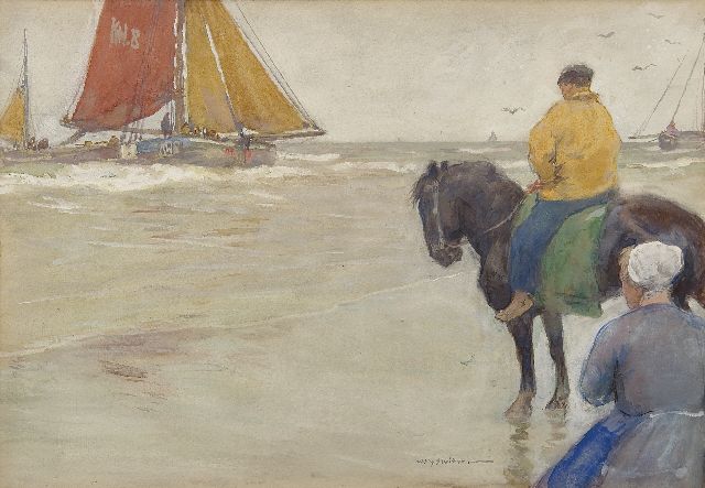 Sluiter J.W.  | Return of the 'Katwijk 8', watercolour on paper 29.9 x 42.9 cm, signed l.r.