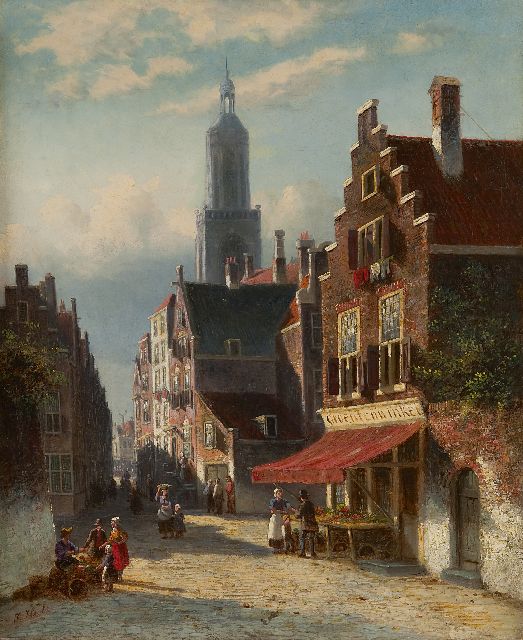Johannes Frederik Hulk | A Dutch town with a vegetable shop, oil on canvas, 57.0 x 46.5 cm, signed l.l.