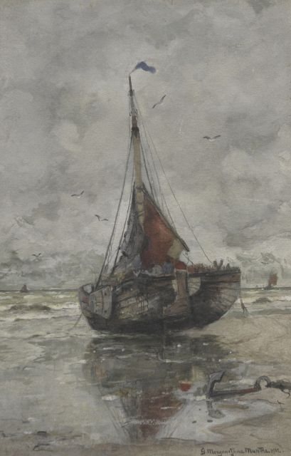 Morgenstjerne Munthe | Ship on the beach, watercolour on paper, 48.2 x 31.3 cm, signed l.r. and dated 1912