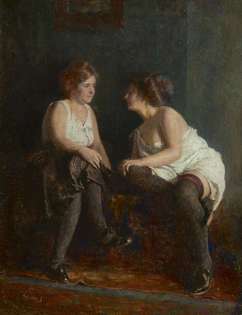 Glatter A.  | Confidences, oil on panel 13.4 x 10.4 cm, signed l.l.