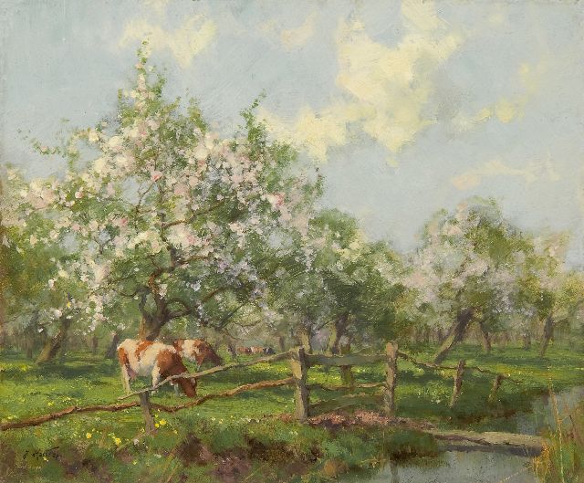 Jan Holtrup | A flowering orchard near Bunnik, oil on panel, 19.4 x 23.1 cm, signed l.l.